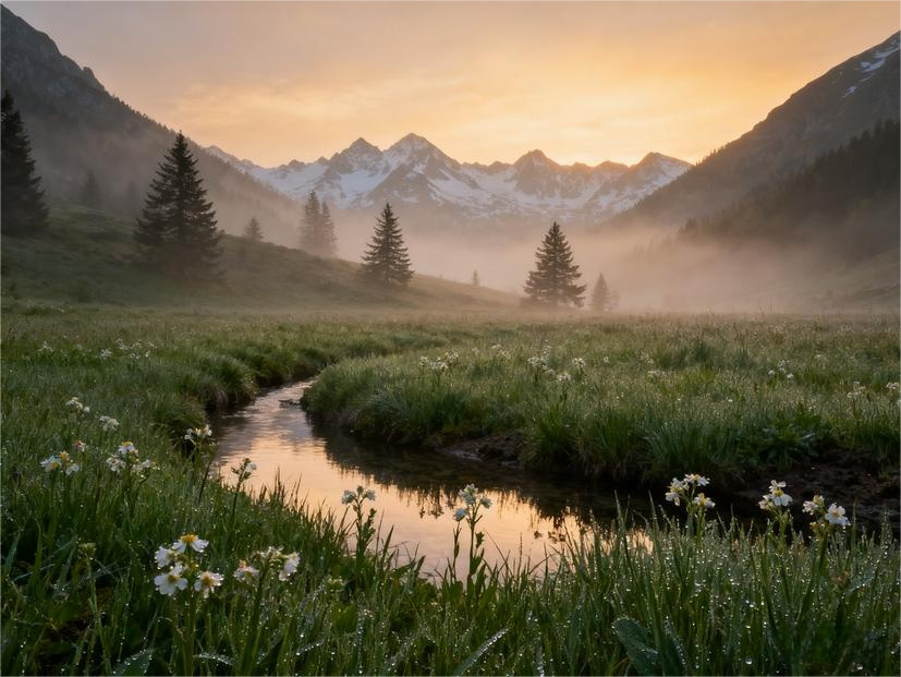 Tranquil Morning Valley - AI Generated Mountain Landscape